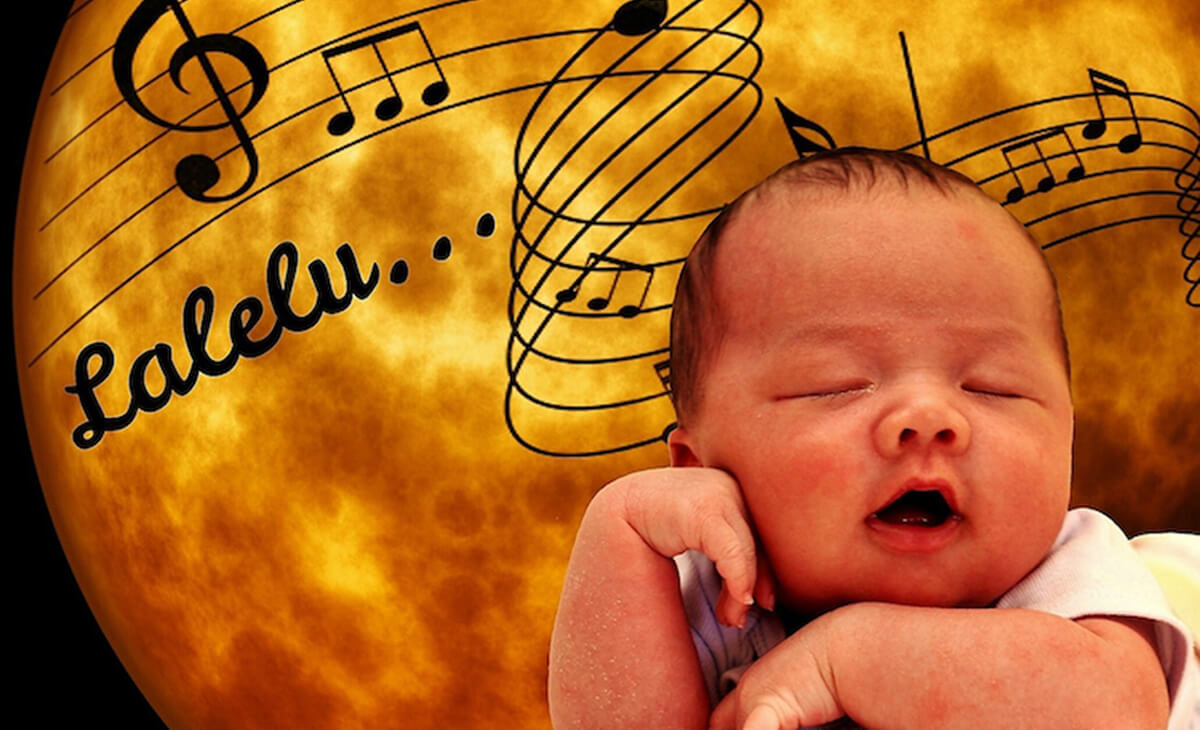 A baby surrounded by music notes on a sepia background